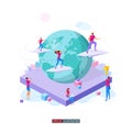 People fly on paper planes around the Earth. Teamwork concept. Globalization. International business project. Goal achievement. Royalty Free Stock Photo